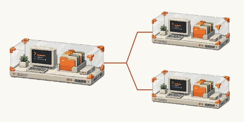 A sandbox computer branches into two independent copies, each with its own terminal and files.